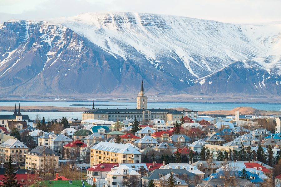 Scenery view of Reykjavik the capital city of Iceland in late winter season.